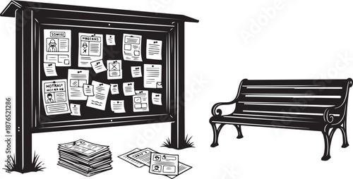 black and white illustration of a bulletin board scene