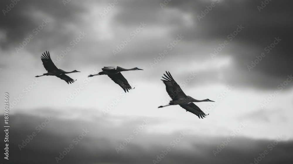 Obraz premium Three flying crane birds in black and white against a cloudy sky. Migration season concept for wildlife and nature conservation.