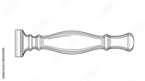 Detailed line drawing of a classic ornamental wooden handle or banister component showing intricate curves and structural design details.