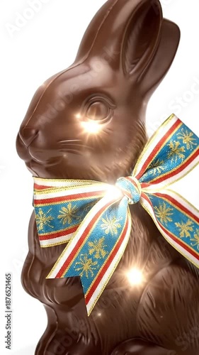 Chocolate Easter Bunny With Festive Ribbon Isolated White Studio Lighting