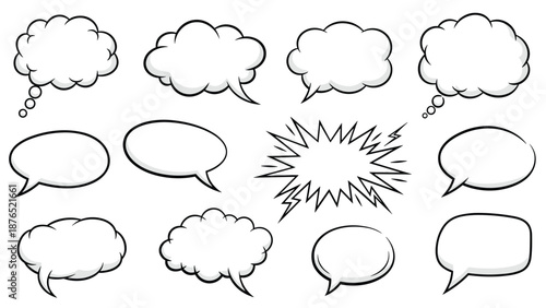 Set of empty speech bubbles and thought clouds in various shapes for comic book dialogue, communication concepts, and cartoon conversations.