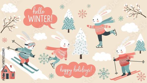 Charming winter scene with bunnies skiing skating and enjoying the holidays