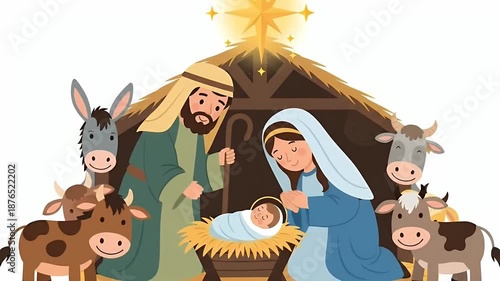 Christmas Nativity Scene With Holy Family Stable Animals And Star