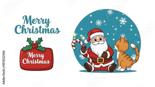 Christmas Santa Claus With Cute Cat Candy Cane Snowflakes Merry Christmas