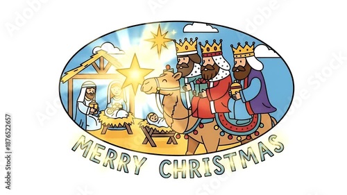 Christmas Nativity Scene With Three Wise Men And Stable