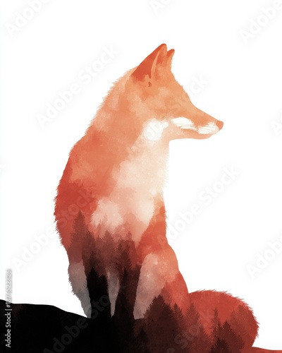 Watercolor fox silhouette illustration with forest nature animal art