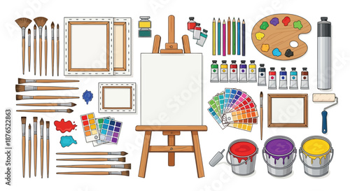 An assortment of painting tools including brushes paints and a blank canvas