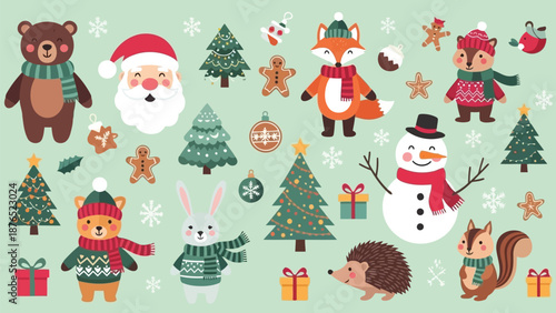 Festive winter characters and christmas elements in a charming illustration