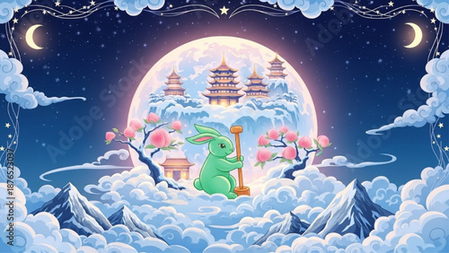 Moon Rabbit and Pagoda Fantasy Vector