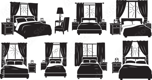 Various Bedroom Silhouettes with Beds and Furniture Arrangements
