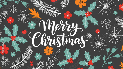 Festive christmas illustration featuring foliage berries and elegant handwritten typography