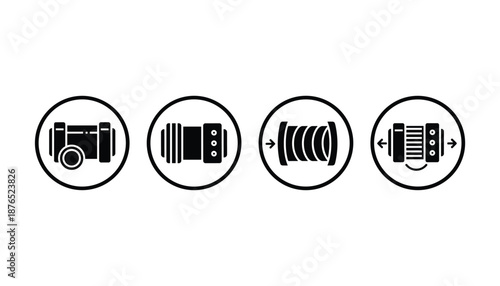 Black telescope magnifier collection in a circle science optics instrument line art symbol set