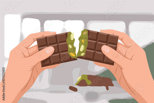 Hands snapping dark chocolate to reveal rich pistachio filling, symbolizing indulgence and flavor contrast.