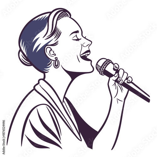 Woman singing into microphone in flat vector art style
