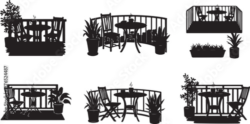 Silhouette of various balcony and patio settings with furniture