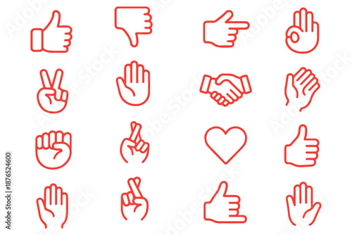 Hand gestures icon set. Contains such icons as handshake, clapping hands, horns, thumb up finger, middle finger, helping hand, heart, fingers crossed, fist, direction, like, unlike and more 