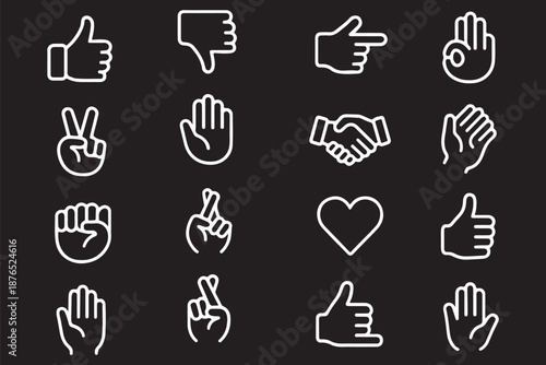Hand gestures icon set. Contains such icons as handshake, clapping hands, horns, thumb up finger, middle finger, helping hand, heart, fingers crossed, fist, direction, like, unlike and more 