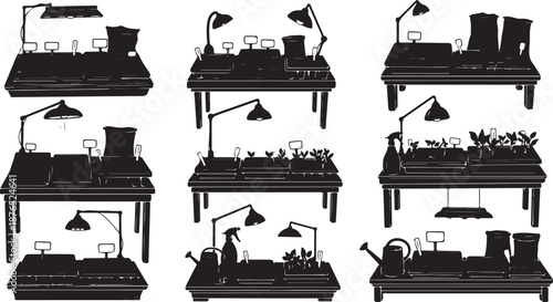 Collection of black and white desk workspace silhouettes