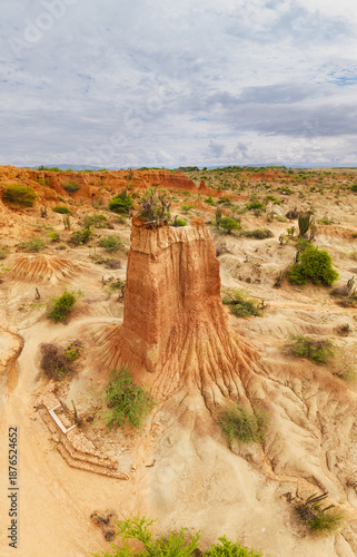 Aerial view of stark, sun-baked Tatacoa Desert's ochre canyons and scrubby vegetation under a vast sky, Huila, Huila, Colombia.