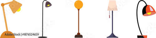 Modern floor lamps icon set. Desk light, pendant hanging fixture, and table lamp for interior design. Vector illustrations of modern and retro home lighting fixture, including desk and table lamp.