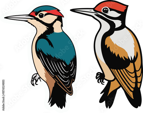  Minimal vector sticker of a woodpecker side view, pointed beak emphasized, clean outline, flat icon style, white background, repair and service branding