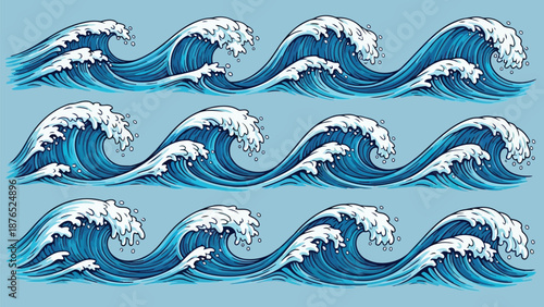 Stylized blue ocean waves in a repeating pattern a captivating visual design