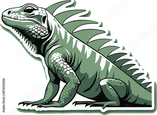 Minimal vector sticker of an iguana side view, simplified crest shape, clean outline, flat design, white background, exotic lifestyle and pet branding.
