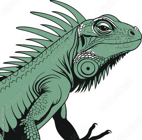 Minimal vector sticker of an iguana side view, simplified crest shape, clean outline, flat design, white background, exotic lifestyle and pet branding 1