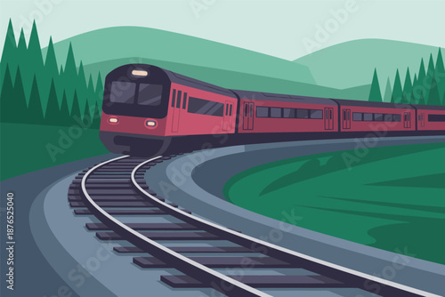 Modern Red Train in Mountain Landscape Transportation and Travel Concept