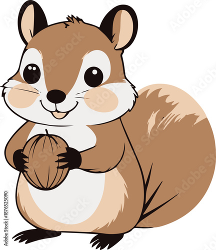 Minimalist vector sticker of a chipmunk holding a nut shape, cute simplified proportions, clean outline, flat design, white background, children-focused products 1