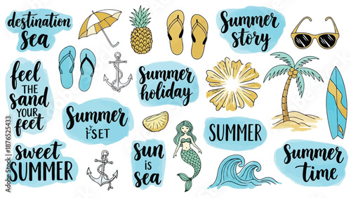 A colorful summer collection with beach icons and hand lettered text designs