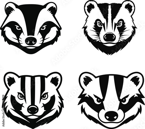 Minimal vector sticker of a badger face, compact strong shape, clean bold outline, flat modern style, white background, protection and defense branding