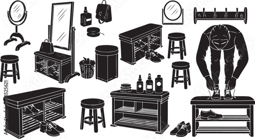 Black and white illustration of a shoemaker's workspace tools