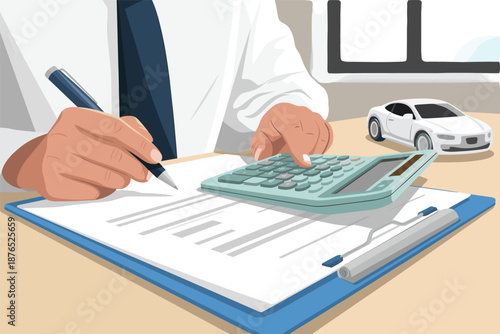 Hands Calculating Finances with Car Model Auto Loan and Finance Concept