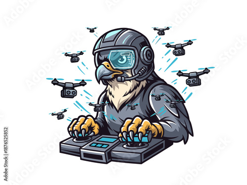 Bird in futuristic gear controls drones with goggles and controller hands