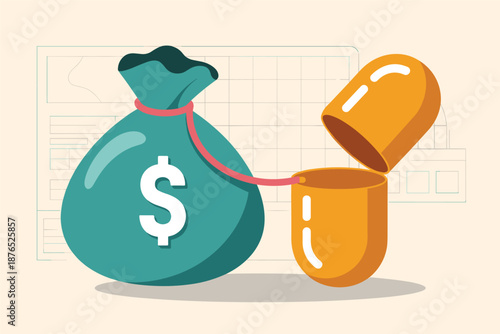 Money Bag Pouring into Pill Capsule Healthcare Business Concept