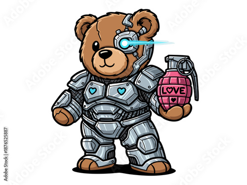 Teddy bear in metal armor holding a grenade with love symbol on it.