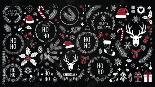 Charming christmas illustrations with festive elements on a black chalkboard background
