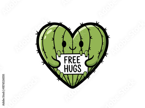 Cuddly cactus illustration giving free hugs from a friendly heart-shaped succulent