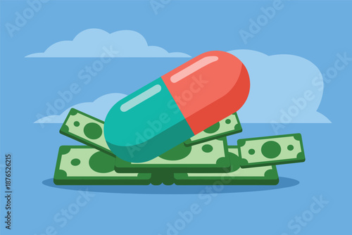 Capsule on Dollar Bills with Clouds Medical Costs and Pharma Economy Concept