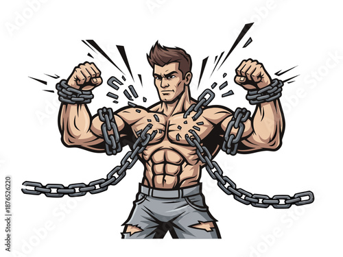 Muscular man breaking free from chains with strength and power