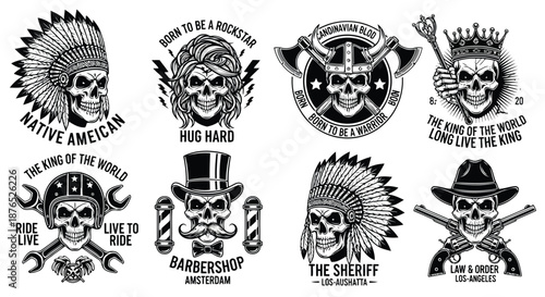 Collection of vintage skull illustrations with various thematic designs and text