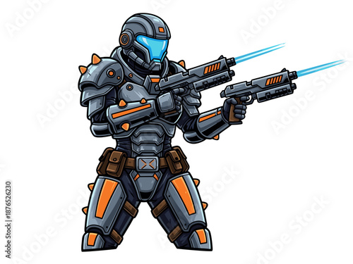 Futuristic soldier in armor firing dual laser guns in action illustration