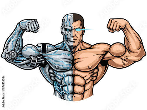 Cyborg flexes dual muscular arms in a powerful pose illustration