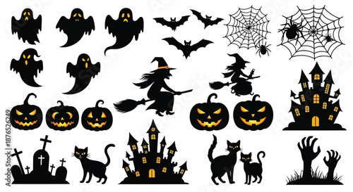 Spooky halloween silhouettes ghosts pumpkins witches and a haunted castle scene
