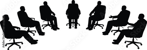 Set of silhouettes featuring people sitting in various chairs, office furniture, lounge seating, wheelchair, and diverse relaxed or productive postures