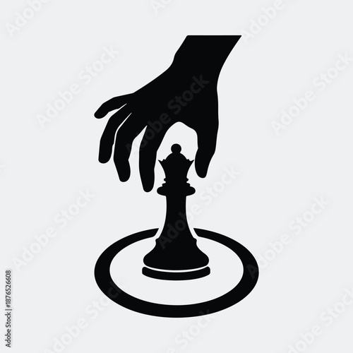 Silhouette human hand moving queen chess piece in strategic game vector illustration