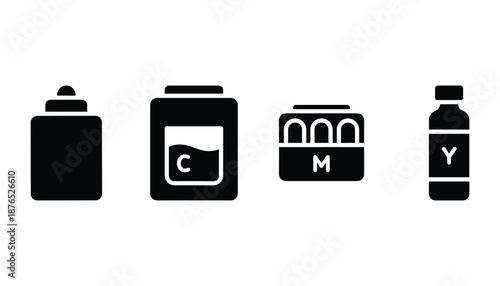 Ink bottle set printing equipment vector silhouette design for printer color supplies isolated