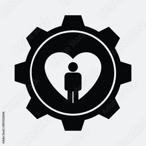 Silhouette Human heart inside a cogwheel machine gear symbol vector illustration