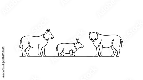 Minimalist line art of three farm animals: donkey, piglet, and lion.